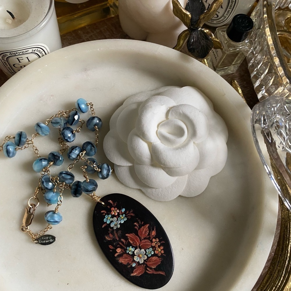 Handpainted wood and faceted blue tiger’s eye Gara Danielle necklace